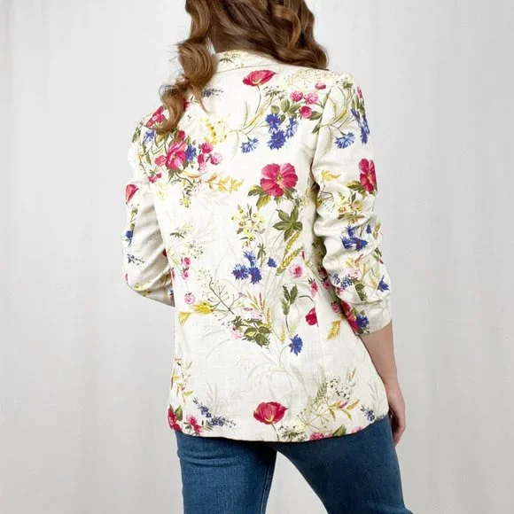 Vintage Oversized Linen Flax Blazer Floral Long Jacket Suit Coat Coastal Grandma - Picture 3 of 7